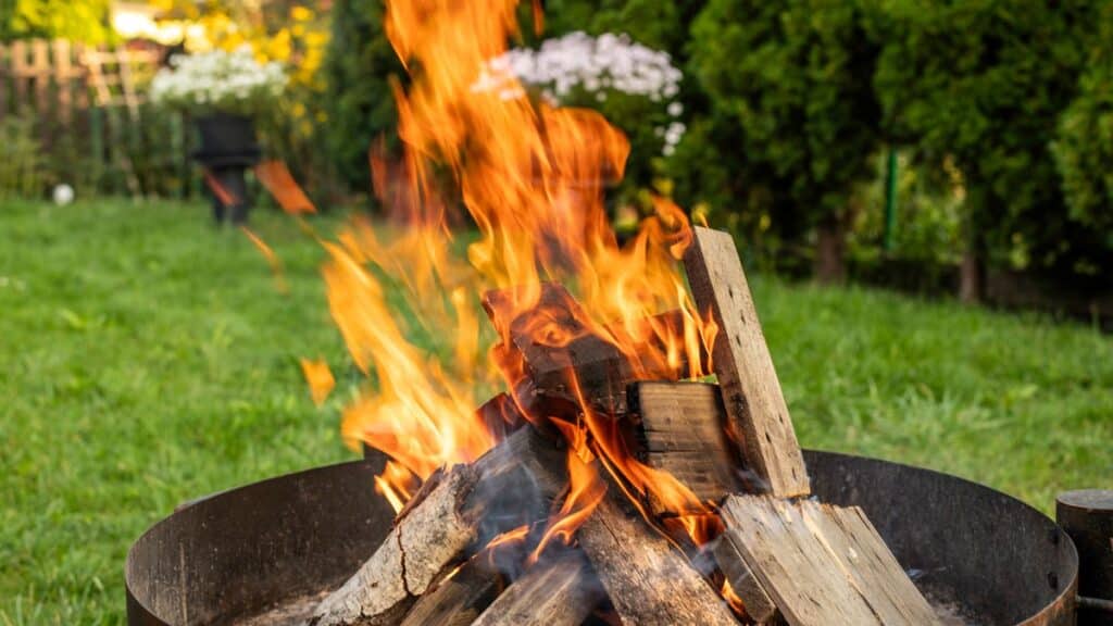 Bûches enflammées dans un feu de jardin, avec une flamme vive et des braises